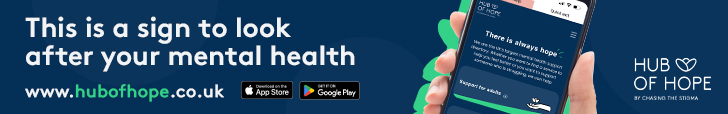 Banner with blue background and words 'This is a sign to look after your mental health' - Click to visit the Hub of Hope website